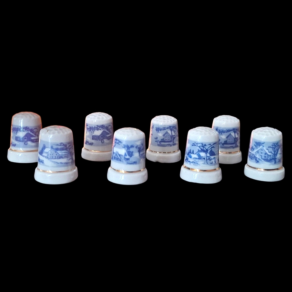 Vintage Set of Blue and White Ceramic Thimbles Featuring Homestead Winter Scenes